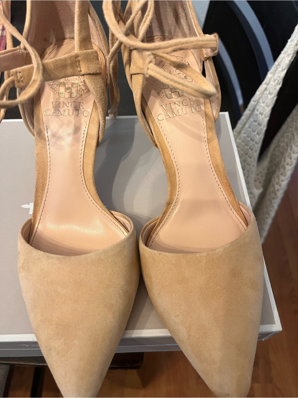 Vince Camuto Beige Suede Pointed-Toe Ankle Tie Pumps